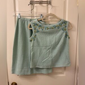 Vintage Mint Green Sleeveless Top and Skirt Set with Floral Ribbon Embroidery